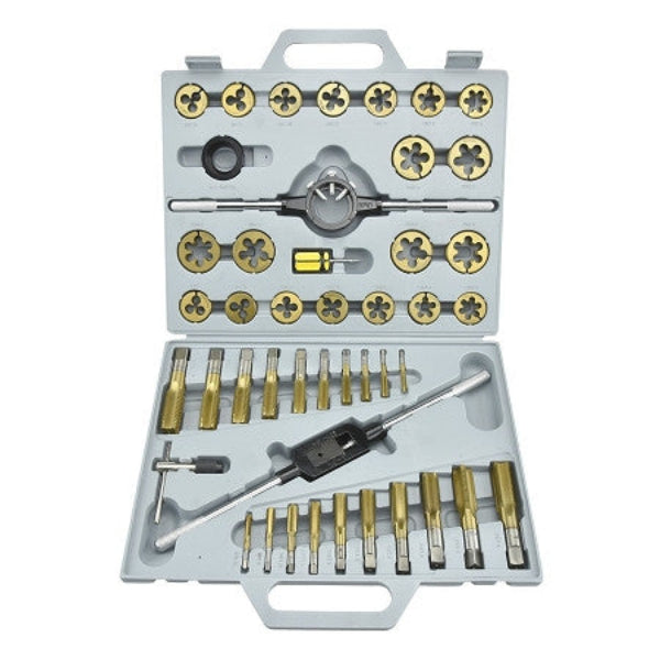 Thread cutting tap and die set in a metal case on a white background