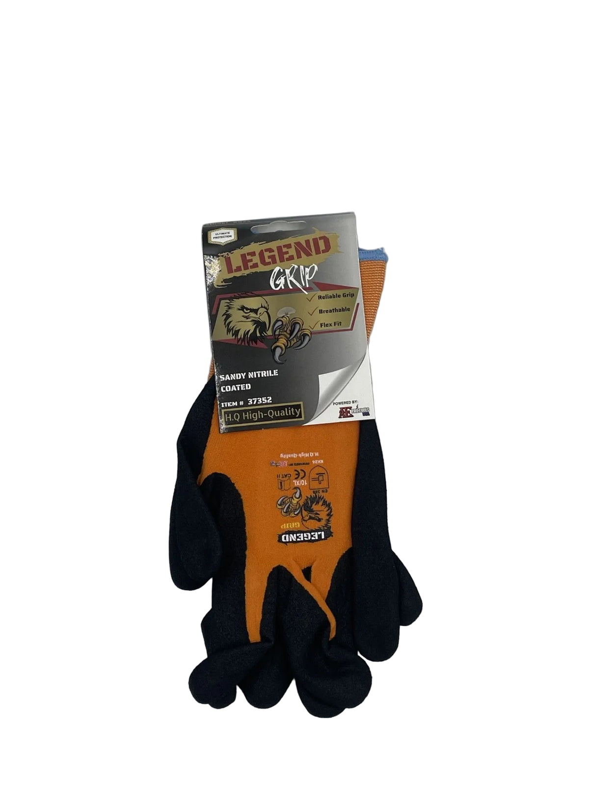 A pair of orange and black leather work gloves in their original retail packaging, featuring the Legend Grip brand logo.