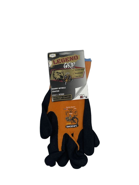 A pair of orange and black leather work gloves in their original retail packaging, featuring the Legend Grip brand logo.