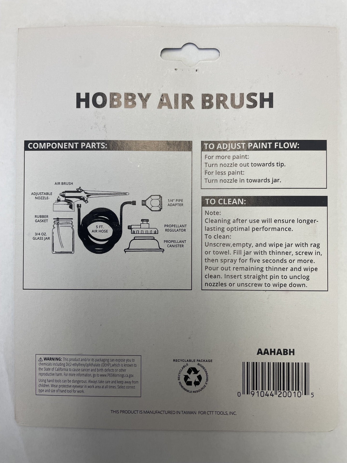 The back of a retail package for a hobby air brush, showing product name, component parts diagram, usage instructions, warning label, recycling symbol, and barcode on a white background.