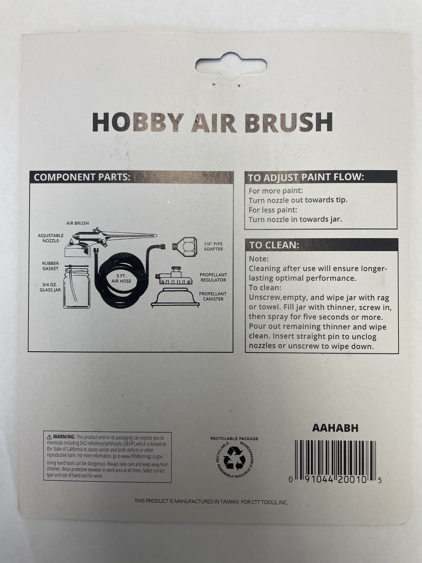 The back of a retail package for a hobby air brush, showing product name, component parts diagram, usage instructions, warning label, recycling symbol, and barcode on a white background.