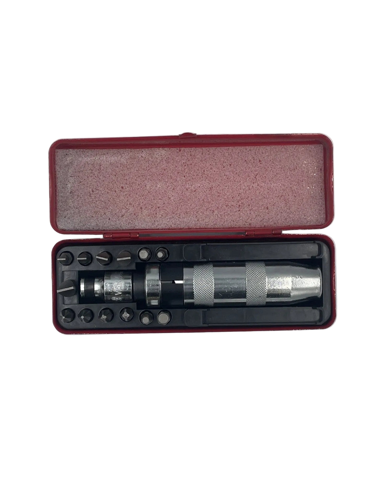 A metal precision tool set with a silver cylindrical handle and multiple small black bits, presented in an open red plastic case with pink foam lining on a light gray background.