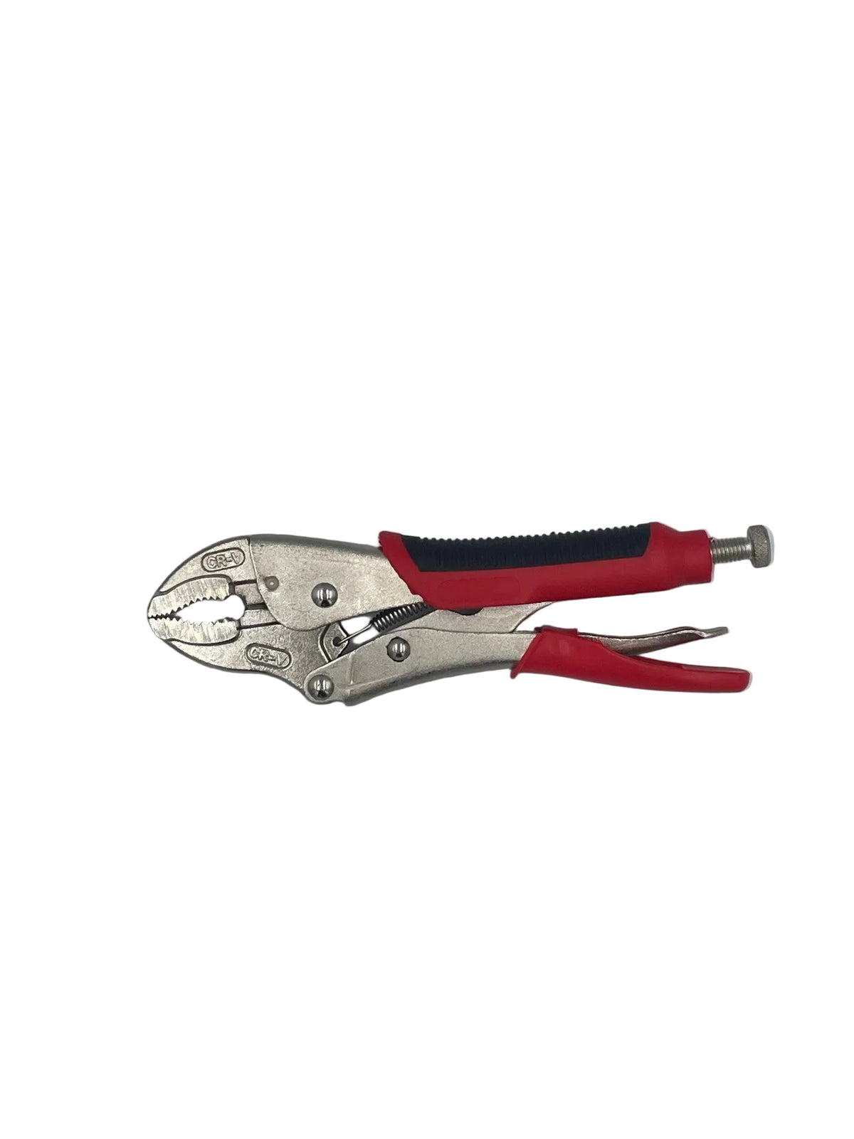 A pair of locking pliers with silver metal jaws and red handles, featuring a black textured grip section on the handle, shown on a plain light gray background.