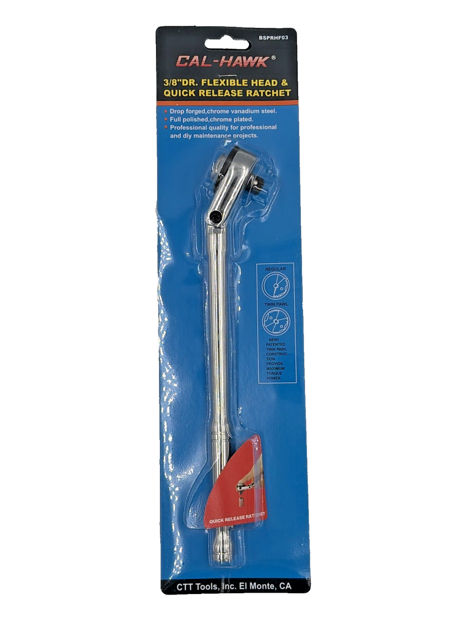 A 3/4-inch flexible head quick release ratchet tool in its original blue and black retail blister packaging, manufactured by Cal-Hawk and distributed by CTT Tools.