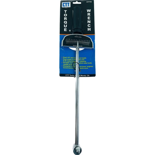 A CFT Torque Wrench in its original retail packaging, featuring a long chrome steel handle and a black dual-bevel head, with a blue and black cardboard backing.