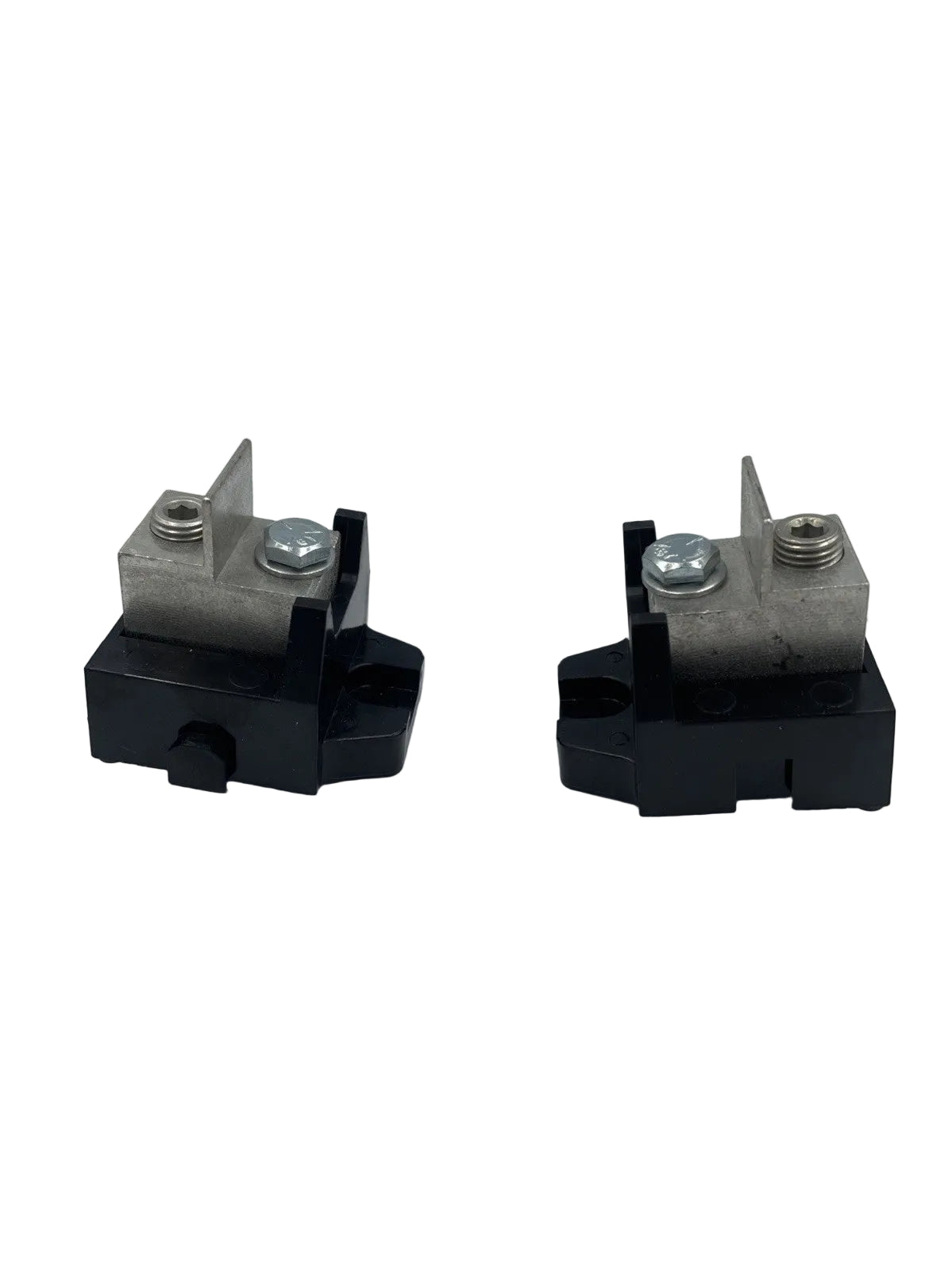 Two small black and silver metal hardware components with threaded screws, shown side by side on a plain light gray background.