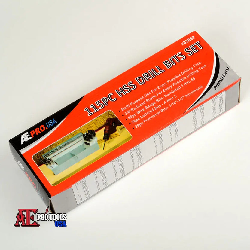 Box of 115PC HSS Drill Bits Set by AE Pro Tools on a white background