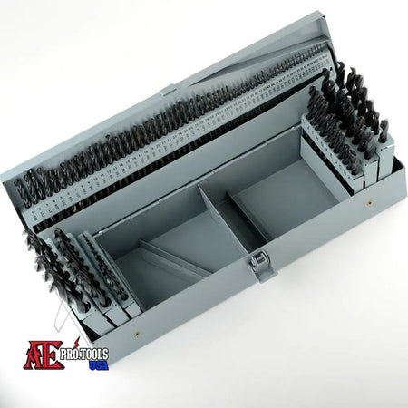 Gray tool organizer with various drill bits on a white background, featuring the ATE Protocols logo.