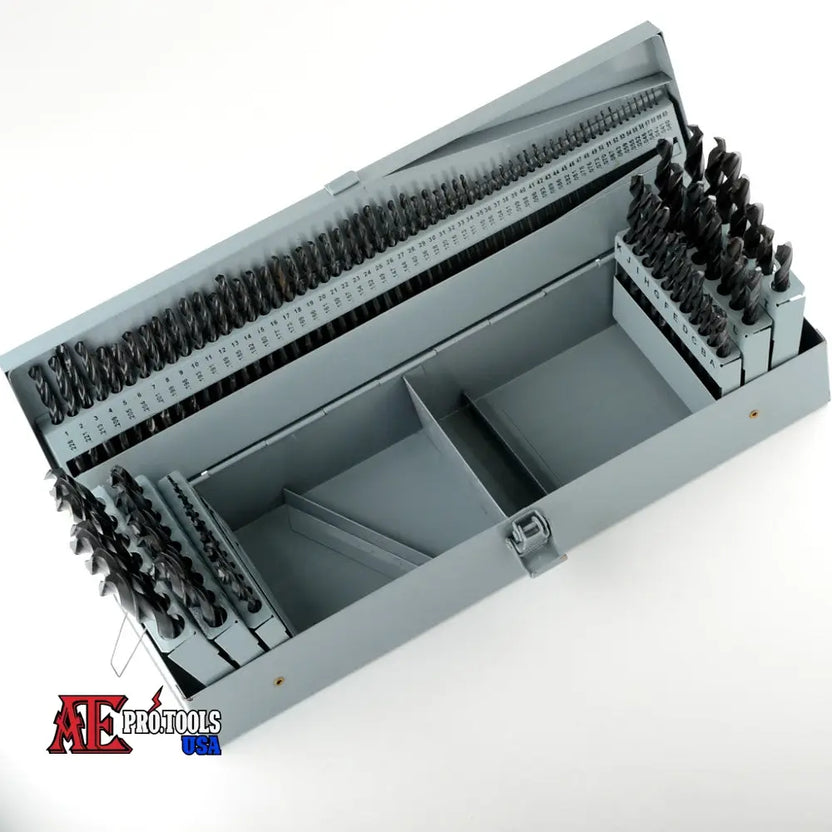 Gray tool organizer with various drill bits on a white background, featuring the ATE Protocols logo.
