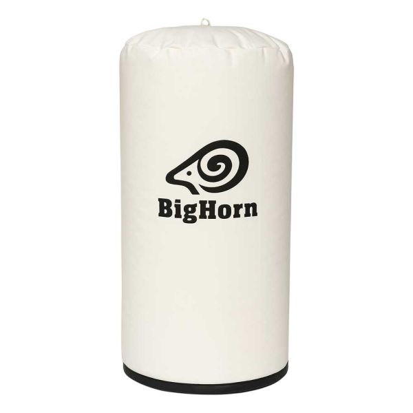 An off-white cylindrical punching bag with a black logo and text reading 'BigHorn' on the front, set against a plain white background.