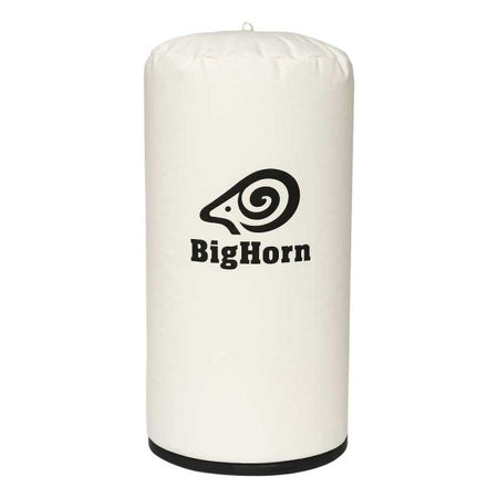 An off-white cylindrical punching bag with a black logo and text reading 'BigHorn' on the front, set against a plain white background.