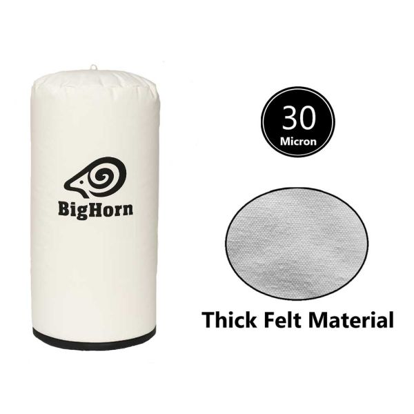 A white BigHorn bullfighter with a black logo, shown next to a circular graphic indicating 30 micron thick felt material.