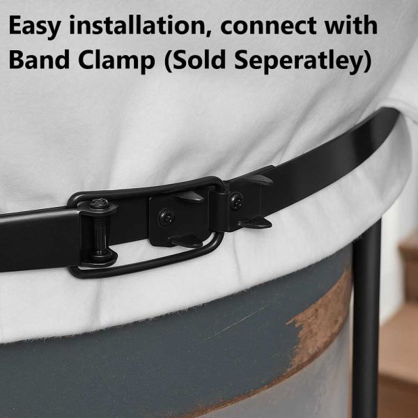 Black band clamp attached to a white container with text indicating it's sold separately.