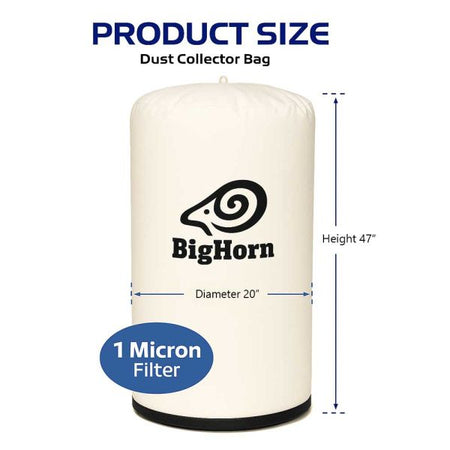 Big Horn dust collector bag shown on a white background with dimension labels indicating a height of 47 inches and diameter of 20 inches, plus text noting a 1 micron filter.