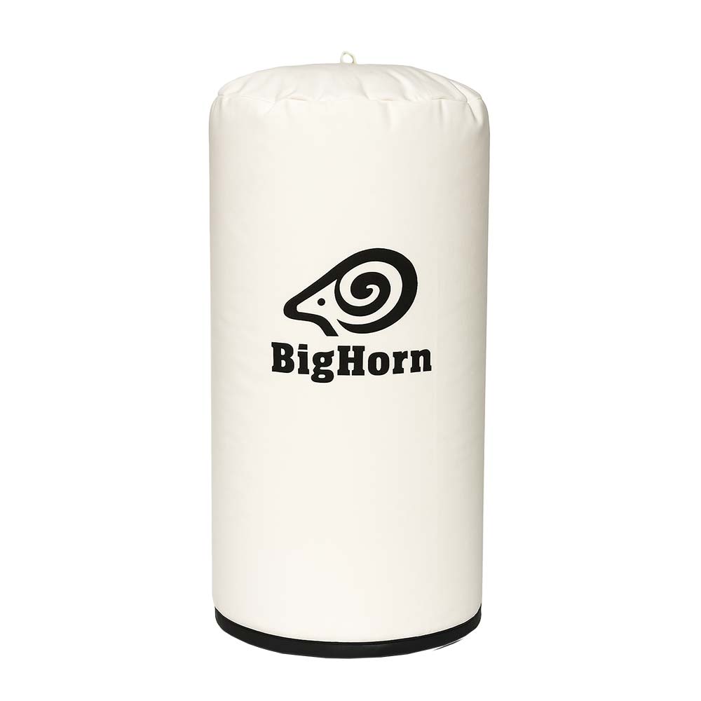 A white cylindrical punching bag with a black base and a black printed Big Horn logo on the front, isolated on a white background.