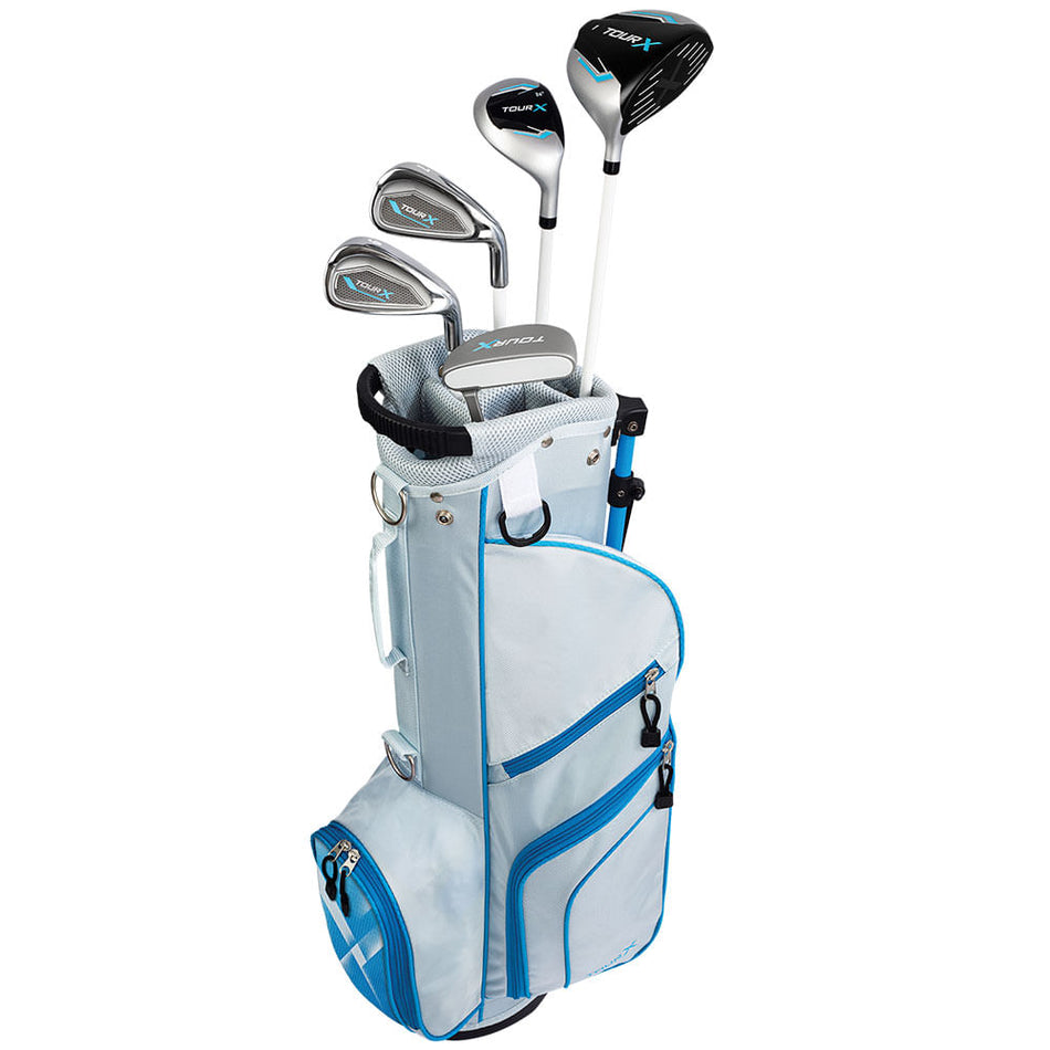 Golf club set with a bag on a white background