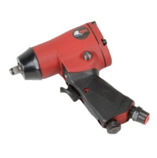 A red and black pneumatic impact wrench with a metal chuck attachment, shown on a plain white background.