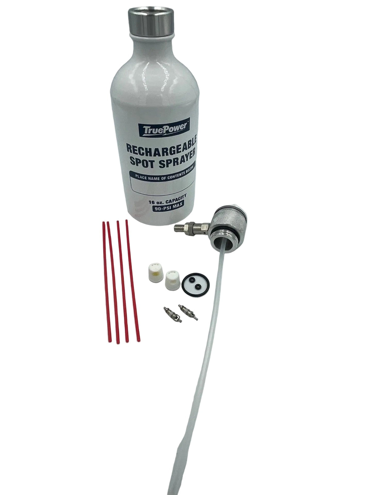 TruePower rechargeable spot sprayer kit with a white bottle, metal nozzle, clear tube, red spray sticks, and small white and metal components on a light gray background.