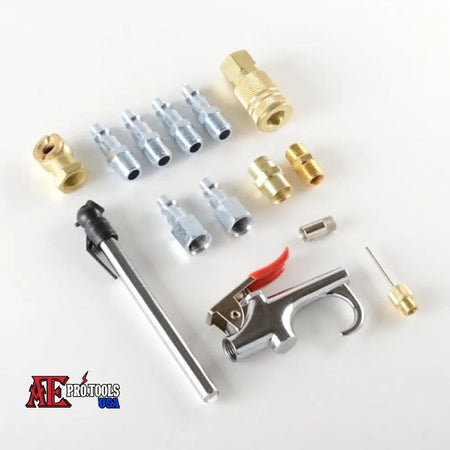 Collection of air tool attachments on a white background with AE Protools logo.