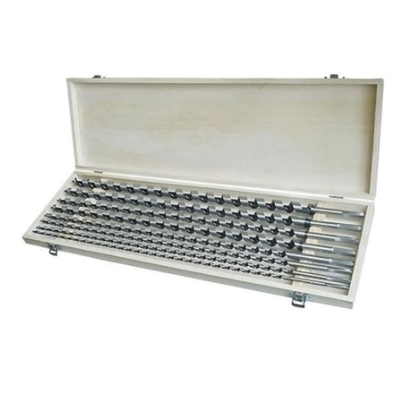 A set of metal drill bits organized in a light-colored wooden storage case, shown open against a plain white background.
