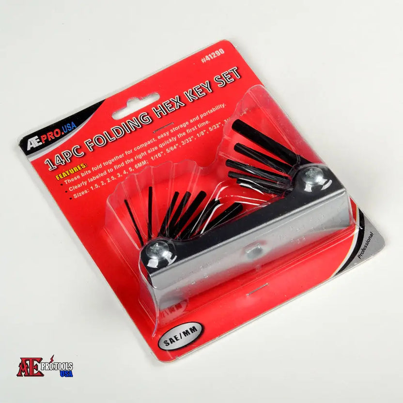 A 14-piece folding hex key set in its original red and black retail blister packaging, shown on a clean white background.