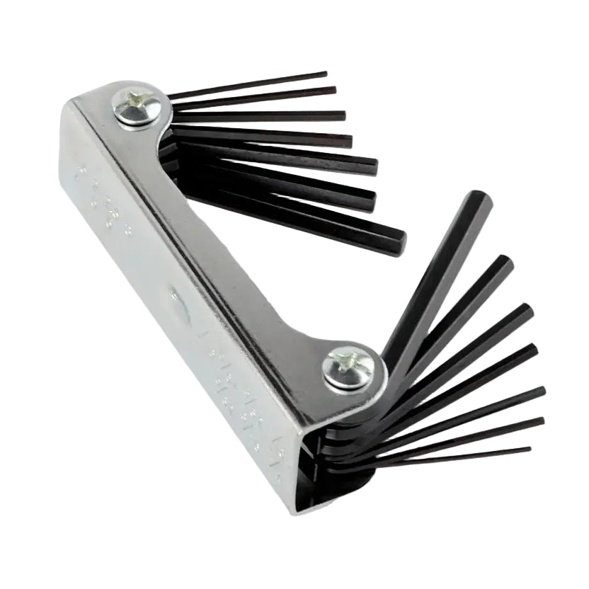 A metal hex key wrench with black hex keys fanned out on both sides, photographed on a plain white background. A small 'AK Electronics' logo watermark is visible in the bottom-left corner.