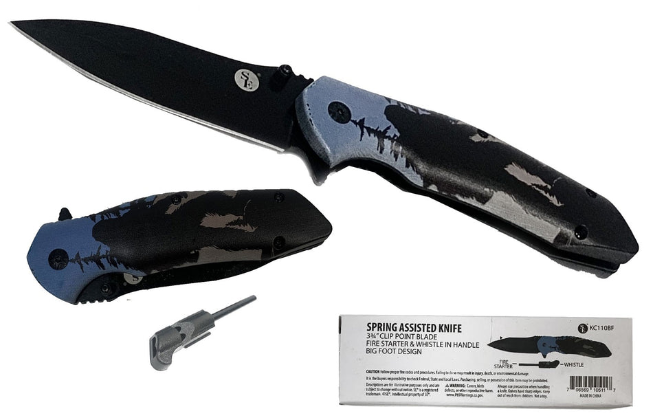 Pocket Knife w/ Fire Starter & Whistle Bigfoot Design Clip Point 4.75" Blade
