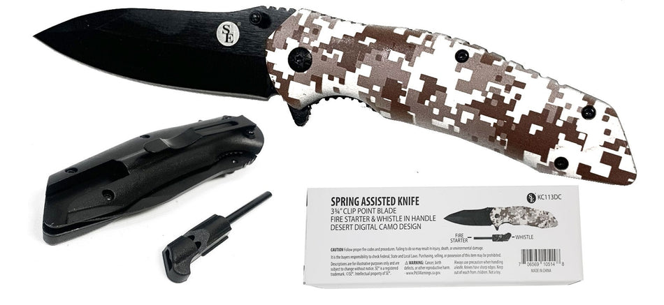 Pocket Knife w/ Fire Starter & Whistle Desert Camo Design Clip Point 4.75" Blade