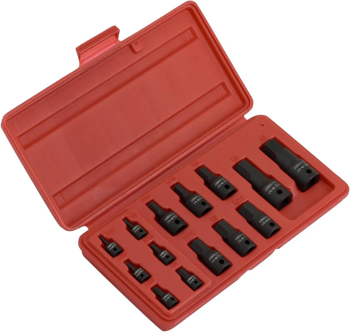A 12-piece socket extension set in an open red plastic case, photographed on a plain white background.