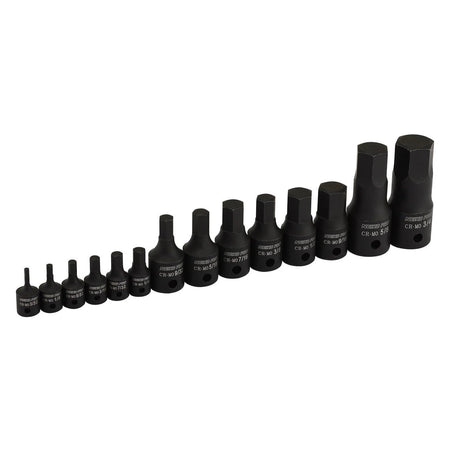 Set of black impact sockets arranged in a row on a white background
