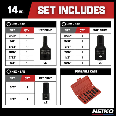 Neiko 14-piece socket set with detailed chart and portable case on a white background