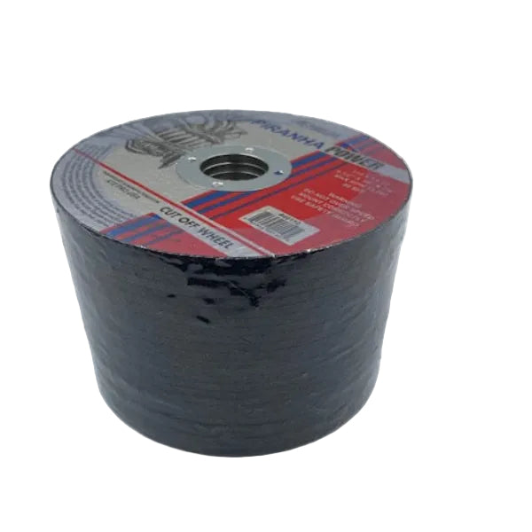 A single black abrasive angle grinder cut-off wheel with a red and white label, photographed on a plain light gray background.