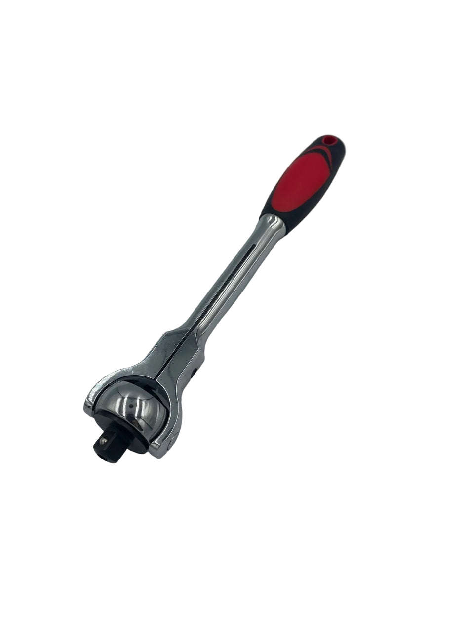 A chrome torque wrench with a red and black ergonomic handle, photographed diagonally on a plain light gray background.