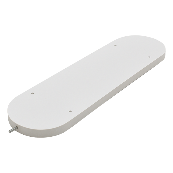A white, elongated oval mounting plate or bracket with pre-drilled screw holes and a small metal pin protruding from one end, shown on a solid white background.