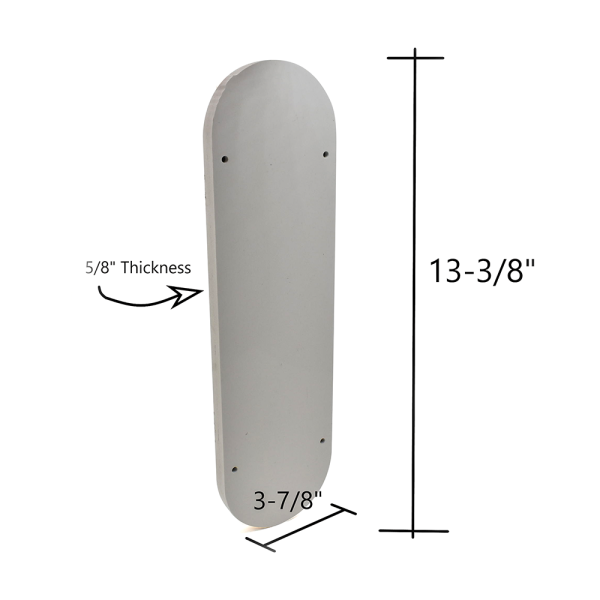 Gray skateboard deck with measurements indicated on a white background