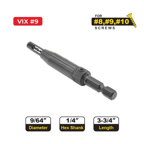 A VIX #9 hex driver bit with a hex shank, shown on a white background with informational text and dimension callouts.