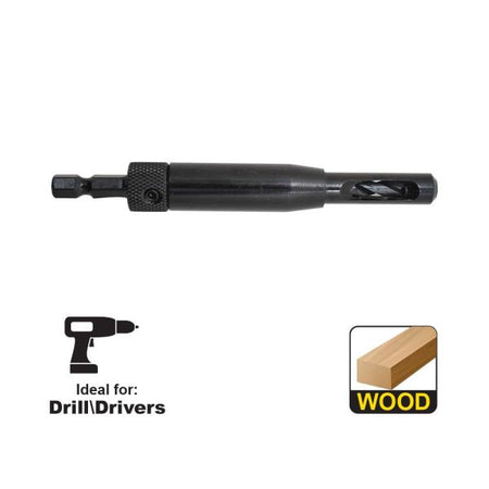 A black metal wood drill bit chisel bit tool shown horizontally on a white background, with a drill icon and the text 'Ideal for: Drill Drivers' below, and a wood block icon with 'WOOD' in a box to the right.