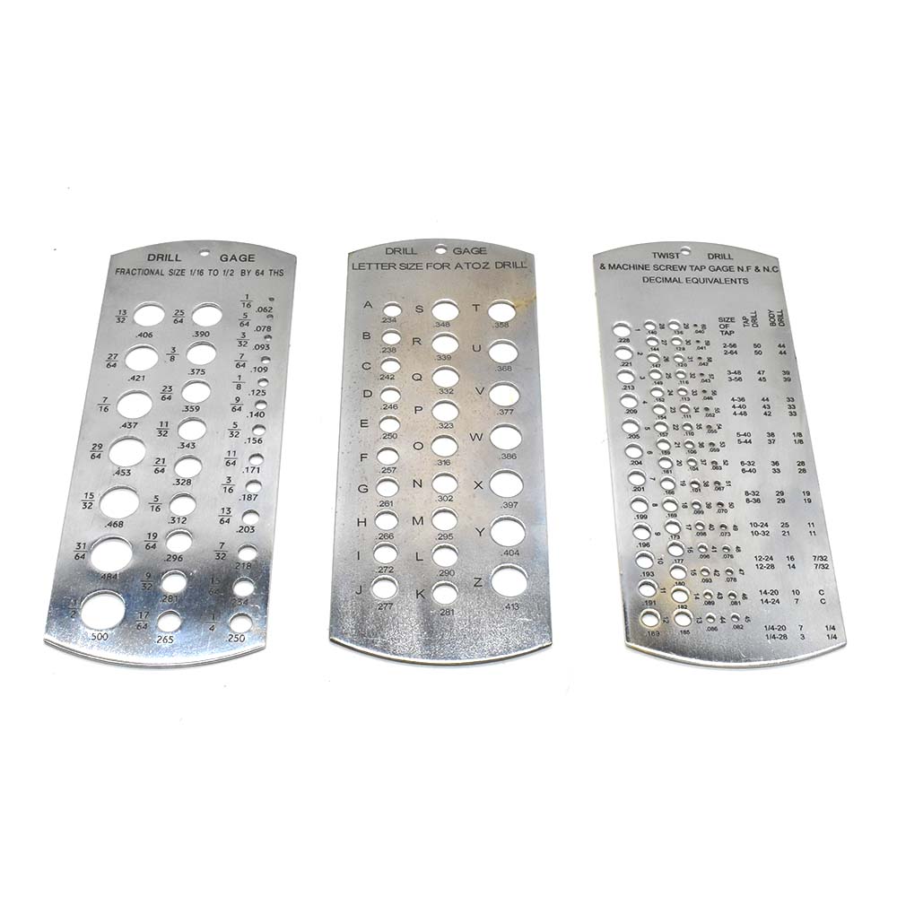 Three metal drill gage charts on a white background