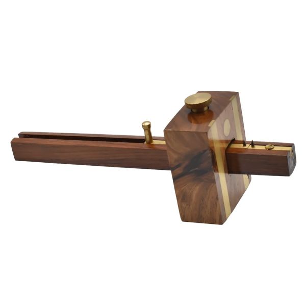 A wooden carpenter's square or bevel square tool with a dark wood body, brass-colored metal guide, and adjustment knob, shown on a plain white background.