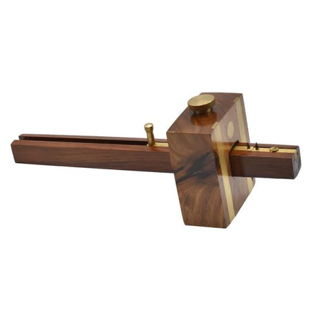A wooden carpenter's square or bevel square tool with a dark wood body, brass-colored metal guide, and adjustment knob, shown on a plain white background.