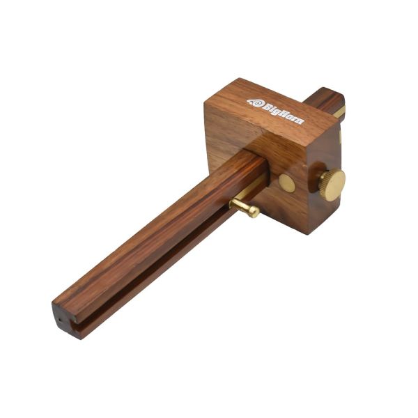 A wooden carpenter's square and bevel saw set by BigLarn, featuring a dark brown wood body with brass adjustment knobs and a brass bevel, shown on a plain white background.