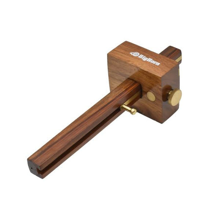 A wooden carpenter's square and bevel saw set by BigLarn, featuring a dark brown wood body with brass adjustment knobs and a brass bevel, shown on a plain white background.