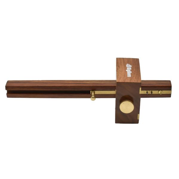 A wooden carpenter's square with brass adjustment knobs and guide rails, shown horizontally on a plain white background.