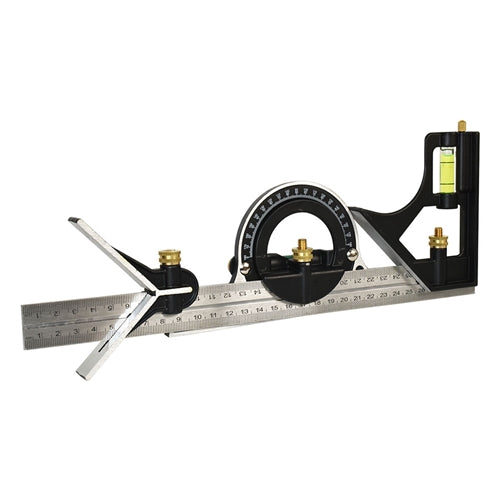A metal angle ruler with a built-in spirit level, shown on a plain white background.