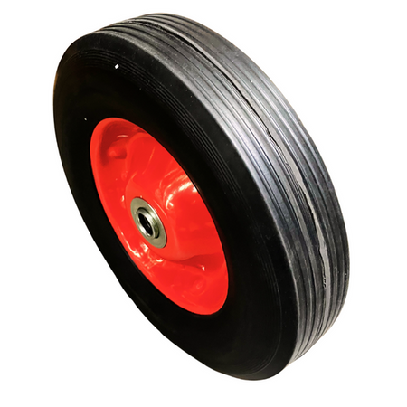 Black wheel with a red hub on a white background