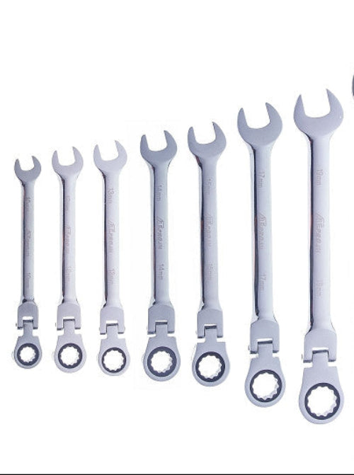 Set of eight silver ratcheting wrenches on a white background