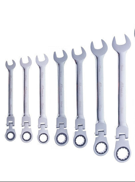 Set of eight silver ratcheting wrenches on a white background
