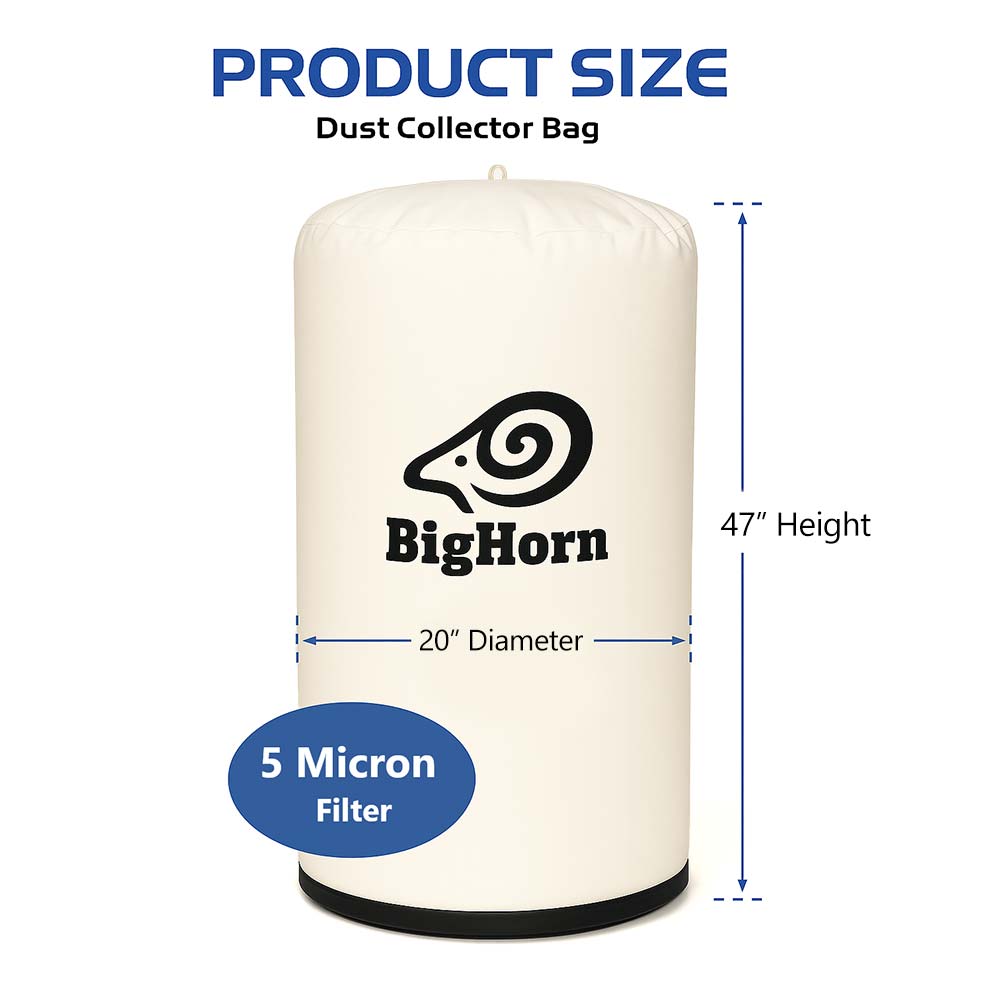 BigHorn dust collector bag with dimensions and filter specifications on a white background