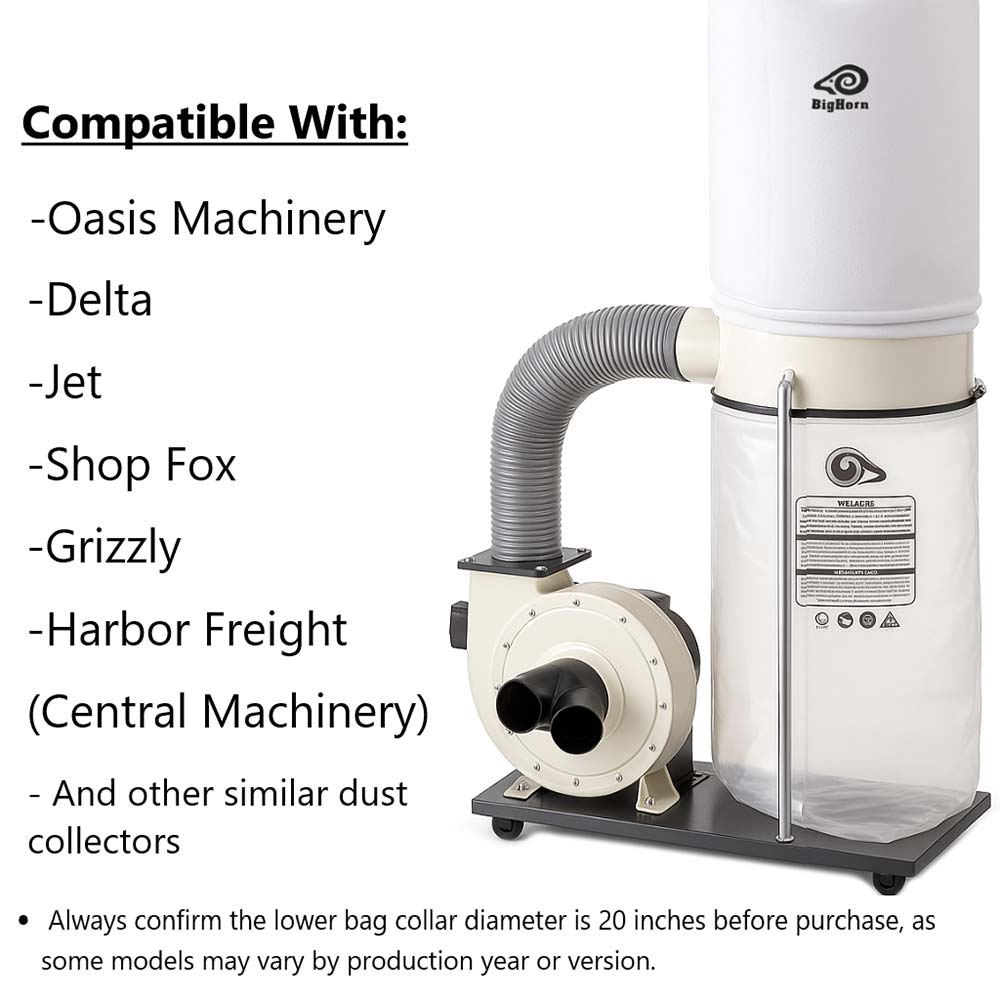 A BigGun industrial dust collector shown on a white background with a compatibility list for various machinery brands including Oasis, Delta, Jet, Shop Fox, Grizzly, and Harbor Freight.
