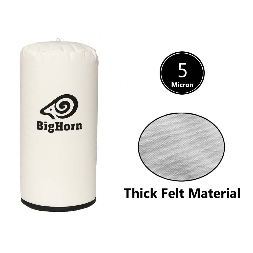 BigHorn air filter with 5 micron marking and thick felt material text on a white background